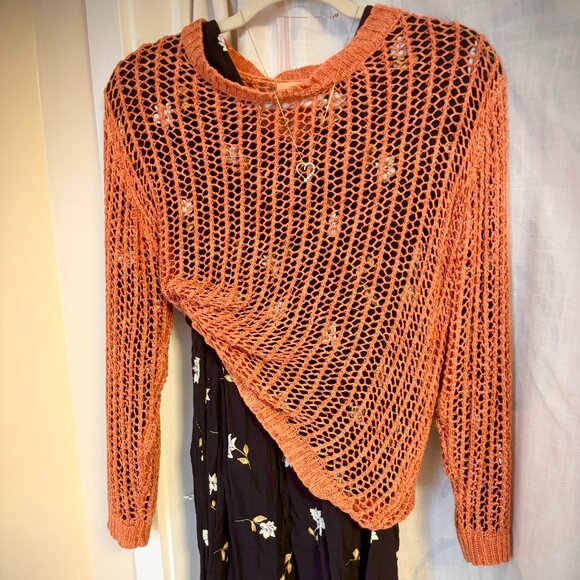 Dreamers Tops - 90s Crochet Knit Pullover Sweater - Heather Salmon/Orange - Cotton/Acrylic - S/M